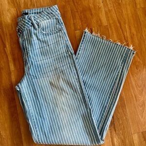 Aqua Striped Cuffed Dad Jeans in Medium Wash - 26